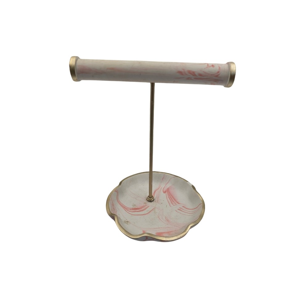 Pink Marbled Jewelry Stand T-Bar Bracelet Holder Catchall Tray Gold 373024 O1